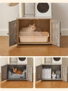 Feandrea WoodyWonders Cat Tree With Litter Box Enclosure, 2-In-1 Modern Cat Tower, Cat Condo With Scratching Posts, Removable Pompom Sticks, Washable Cushions, Greige - Light Grey - View 3