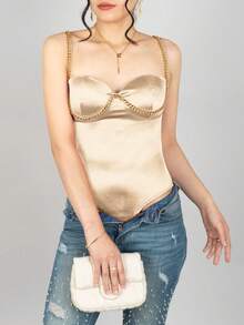 Body liso de satén elegante con detalle en copa y espalda al aire para dama - Beis - Ver 4