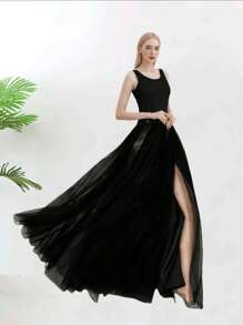 1pc Flare Tulle Skirt, New Arrival European & American Style, Tie-Waist Long Tail Skirt, Black/White/Ivory Polyester Casual - Multicolor - View 1