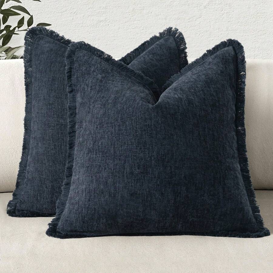 1 件装饰性波西米亚农舍抱枕套，柔软舒适的沙发靠垫套，带流苏雪尼尔饰边 - 藍色 - 查看 1