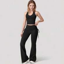 Women's Drawstring Ruched Waist Flared Leg Pants Stretch Fabric Active Yoga Lounge Bottoms - Small, Black - 黑色 - 查看 4