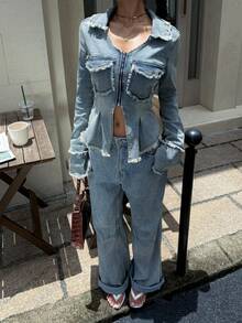 Siren Gaze 女士休闲磨边牛仔夹克，春秋 - 藍色 - 查看 3