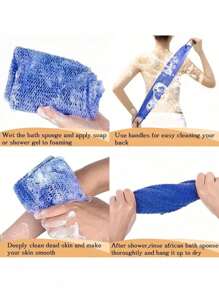 African Mesh Exfoliating Back Long Net Bath Scrub Towel Set,Double-Sided For Gentle,Rough Exfoliation, Effective Body Scrub, Back Scrubber For Shower Use,Premium Mesh Material, Convenient Strap Towel Design, Loofah Towel, Body Sponge For Smooth Skin,Great For Daily Use(Blue, Purple)