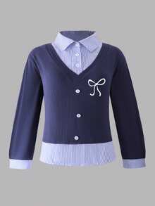 2pcs Girls Casual Bow Embroidery Striped Shirt And Wide Leg Pants Set, Spring/Autumn