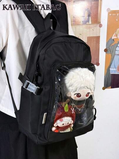New 2025 Back To School Gifts Backpack For Teen Girls Kawaii Ita Backpack Simple Solid Color Clear Transparent Bag Women Large-Capacity School Book Bag With Badges Display Plate Nylon Bag Kawaii Ita Bag DIY Bag For 20cm Dolls