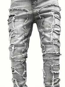 Celana Jeans Denim Berumbai Kreatif Gaya Jalanan Kasual Pria - Grey - View 5