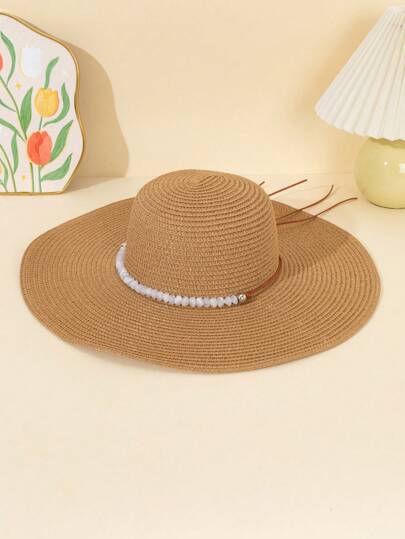 Damen Sonnenhut aus Stroh mit breiter Krempe, Sommerhut, faltbar und aufrollbar, weicher Floppy Strandhut für Frauen