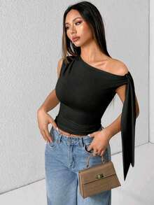 Elegant Suplex T-Shirt Top With Asymmetrical Shoulders And Straps, Ideal For Daily Use, Outings, Nightclubs, Parties, Halloween Costumes - 黑色 - 查看 8