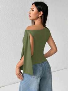 Elegant Suplex T-Shirt Top With Asymmetrical Shoulders And Straps, Ideal For Daily Use, Outings, Nightclubs, Parties, Halloween Costumes - 軍綠色 - 查看 3