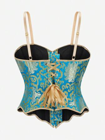 紧身胸衣上衣，可调节细肩带吊带塑身衣，提花刺绣贴身束腰，前部纽扣闭合，适合角色扮演、万圣节