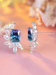 1pc Simple Sea Blue Rectangular Shape Cubic Zirconia Leaf Shaped Elegant Earring For Women, Suitable For Wedding, Engagement, And Daily Accessories