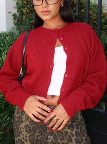 SEREN 秋季新款红色圆领单排扣长袖针织开衫上衣，时尚简约温柔优雅浪漫百搭休闲慵懒风，适合约会通勤毛衣开衫万圣节秋季女装 - 紅色 - 查看 9