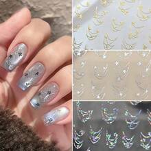 Elegant Golden Star Chain Nail Stickers - Sparkling Aurora French Golden & Silvery Line Star French Chain Nail Decals, Self-Adhesive Semi-Matte Paper Nail Art, Cartoon Theme, Single Use, Glittery Finish, Nail Art Accessories - 金色 - 查看 4