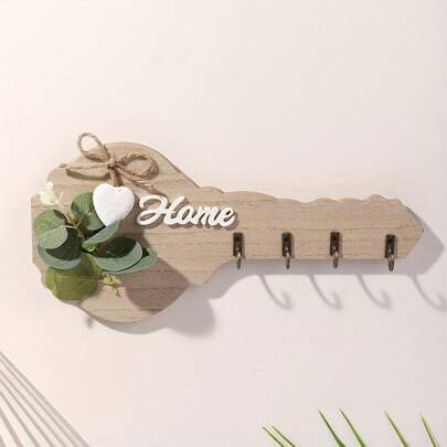 1pc Modern Wooden 2D Flat Key Holder Wall Decor With Heart Shaped Decoration And 4 Hooks - Home Decor For Kitchen, Living Room, Bedroom, Cute Room Decoration