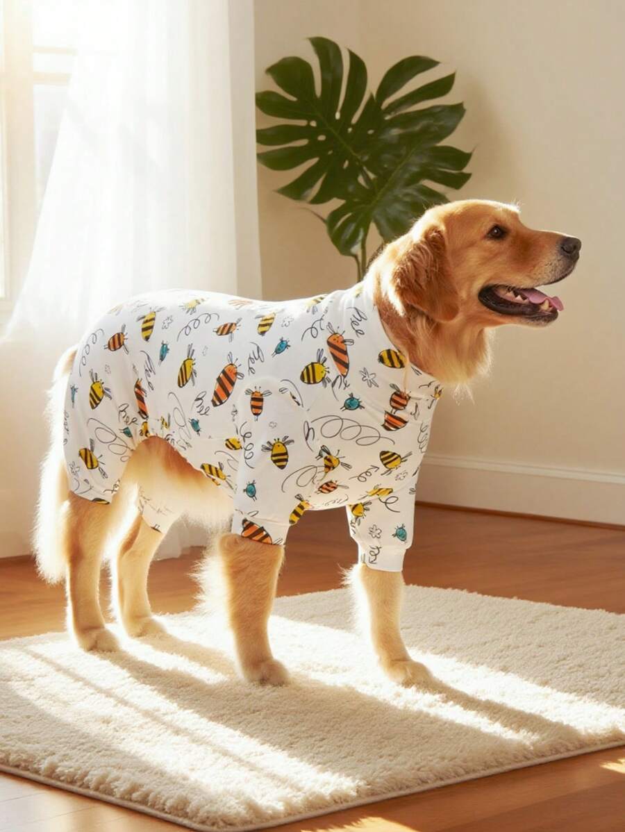 Dog Pajama, Dog Recovery Suit, Dog Costume, Dog Jumpers, Dog StuffUltra, Dog Outfits, Dog Clothes, Dog Accessories, Puppy Pajama, Puppy Clothes, Puppy Accessories, Puppy Outfits, PJ For Small Medium And Large Dog Breeds, Soft And Stretchable, All Over Print-White Cute Cartoon Bee Pattern, S-6XL - White - View 1