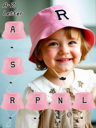 1顶幼儿宝宝A-Z字母图案渔夫帽，可调节抽绳，休闲帽，适合男孩女孩旅行、海滩度假