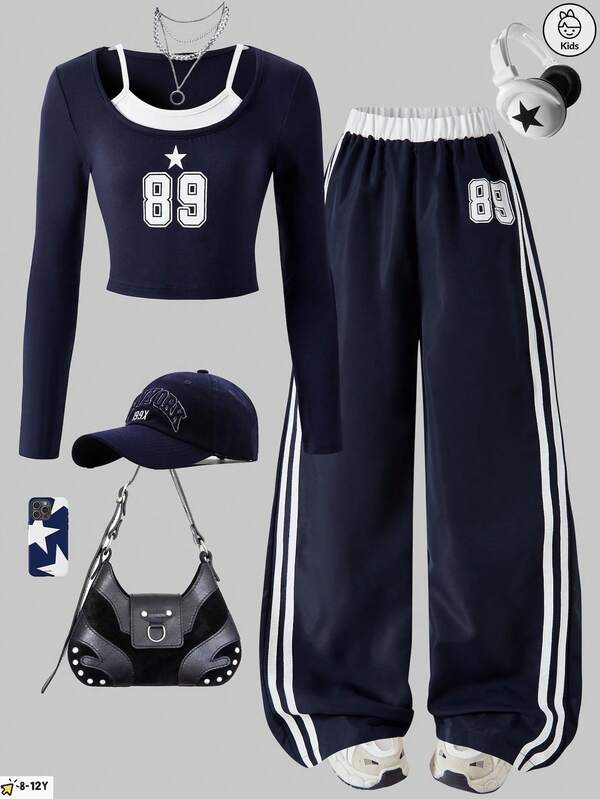 Girls' Fashion Casual Fashion New Two Pieces Set, Digital Print, Square Neck Shoulder Strap Long Sleeved Top With White Striped Pants, Suitable For Outdoor Wear In Spring, Autumn And Winter, Daily Gatherings, And Travel Wear