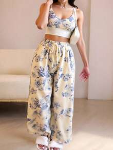 2 pzs Conjunto de mujer: Top corto con hombros descubiertos y manga larga & Pantalones acampanados, unicolor - Azul y blanco - Ver 3