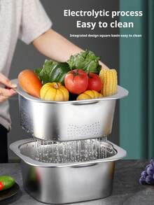 1 cái Rây lọc vuông bằng thép không gỉ, Rổ lọc đáy phẳng cho nhà bếp, Bát rửa rau, Rổ thoát nước đa năng, Rây lọc gạo bằng thép không gỉ cho gia đình nhà bếp - Bạc - Xem 1