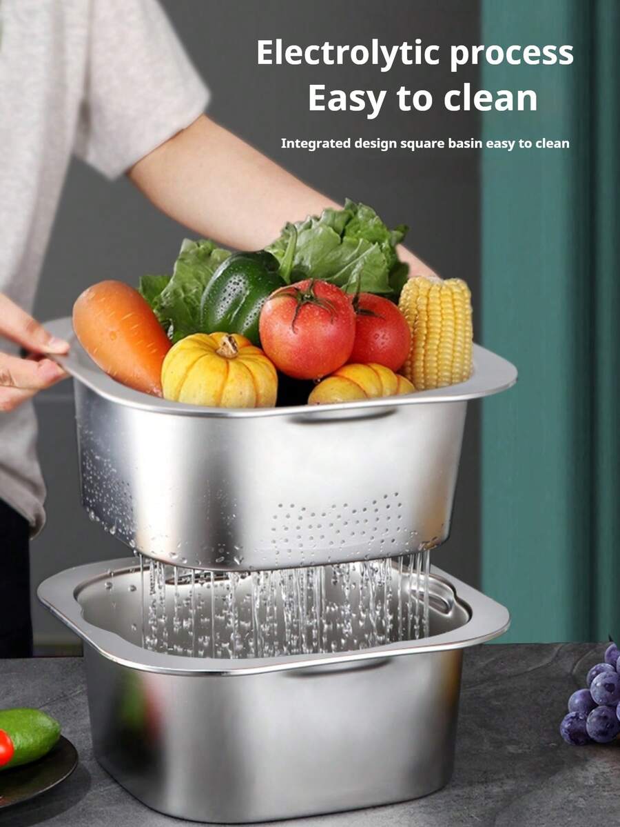 1 cái Rây lọc vuông bằng thép không gỉ, Rổ lọc đáy phẳng cho nhà bếp, Bát rửa rau, Rổ thoát nước đa năng, Rây lọc gạo bằng thép không gỉ cho gia đình nhà bếp - Bạc - Xem 1