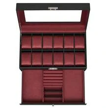 Watch Box, Watch Case With Glass Lid, 2-Tier Watch Display Case For 12 Watches, Lockable, 1 Drawer, For Rings, Bracelets, Gift Idea, Black Synthetic Leather, Wine Red Lining Back To School Dormitory Storage - Black + Wine Red - View 7