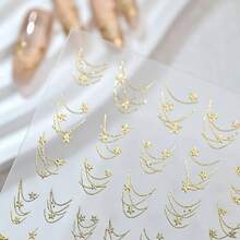 Elegant Golden Star Chain Nail Stickers - Sparkling Aurora French Golden & Silvery Line Star French Chain Nail Decals, Self-Adhesive Semi-Matte Paper Nail Art, Cartoon Theme, Single Use, Glittery Finish, Nail Art Accessories - 金色 - 查看 5