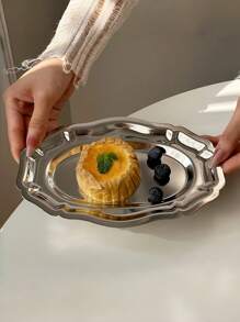 1pc Vintage French Stainless Steel Oval Tray, Retro Floral Oval Plate, Dessert Dish Tableware