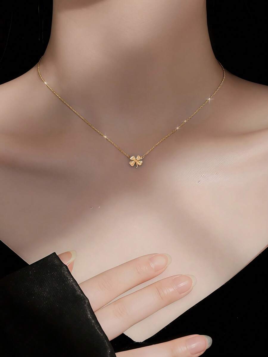 1 件优雅水钻三叶草吊坠项链，适合女士（避免接触水） - 金色 - 查看 1