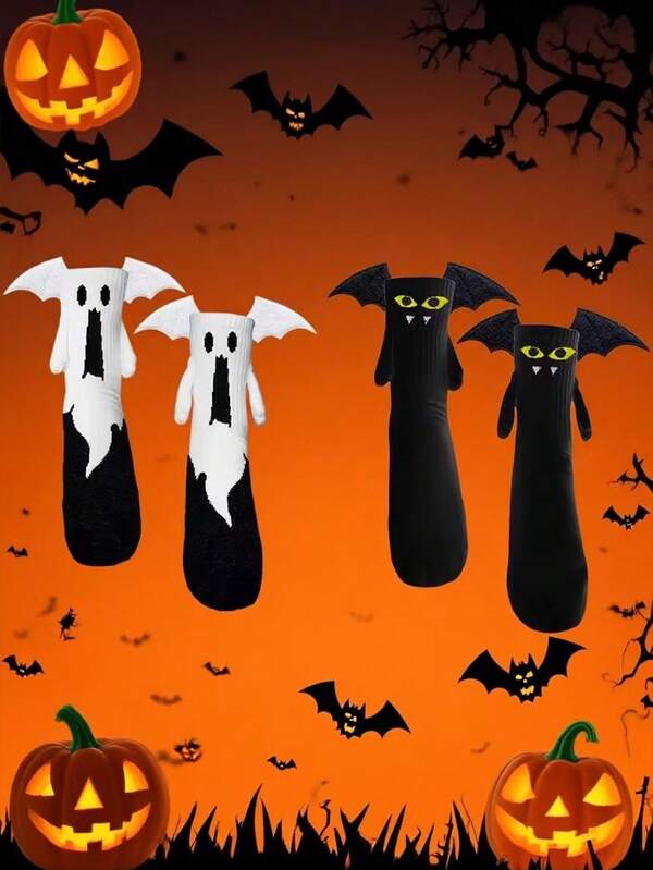 2 Pairs Halloween Holding Hands Magnetic Black & White Angel Skeleton Ghost Novelty Solid Color Mid-Calf Socks, Funny Holiday Socks For Couples