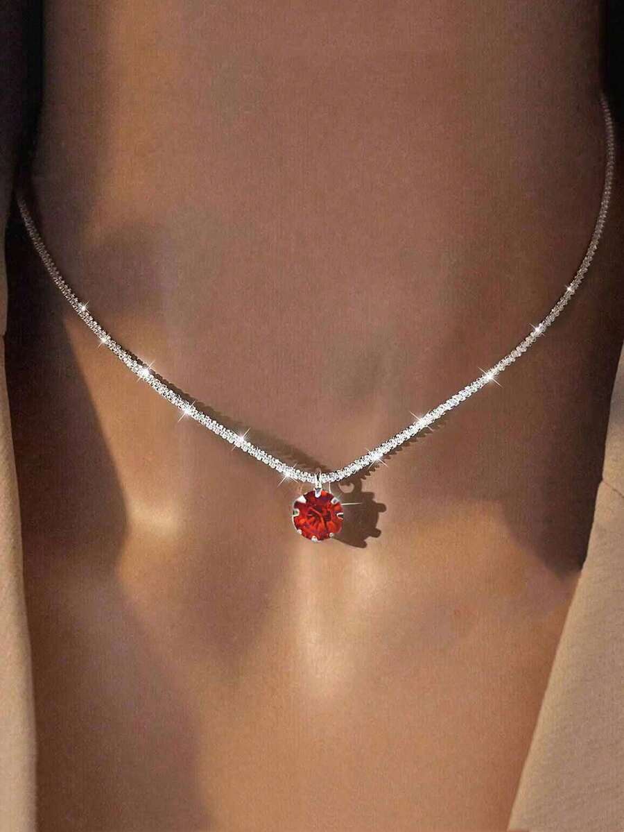 1 chiếc vòng cổ mặt pha lê đơn bạc, dây chuyền xương đòn bằng đồng thời trang, vòng cổ ngắn thanh lịch, phù hợp với trang phục thường ngày của phụ nữ - Đỏ - Xem 1