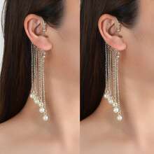 2 Pcs Stylish Imitation Pearl Decor Silver Tassel Chain Wrap Around Earrings Ear Cuffs No Piercing Daily Party Jewelry