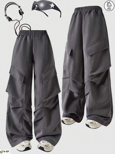 Fashionable And Sweet Girl Casual Simple Pleated Belt Pocket Design Wide Leg Pants, Suitable For Outdoor Wear In Spring And Autumn, Parties, Campus, And Girls' Daily Wear