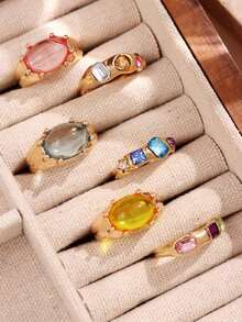 6pcs/Set Fashion Creative Colorful Faux Gemstone Rhinestone Rings Set, Minimalist Versatile High-End, Gift Jewelry For Women - Multicolor - View 8