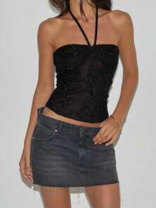 Women Fairy Grunge Camisole Tops Summer Y2k Floral Halter Neck Crop Tops Summer Sequin Slim Fit Backless Sleeveless Tank Tops Going Out Vest Tops Vintage Aesthetic Clothes Streetwear - 黑色 - 查看 3