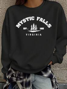 女士秋冬标语印花长袖圆领卫衣，休闲宽松百搭假日风上衣，时尚秋季款，适合日常穿着，黑色春季款 - 黑色 - 查看 7