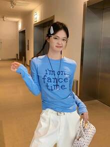 Women's Casual Letter Printed Long Sleeve Slim Fitted Round Neck T-Shirt, Autumn/Winter - Blue - View 5