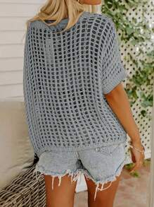 Damen Sommer Kurzarm Cut Out Pullover Strickpullover, Strandüberwurf