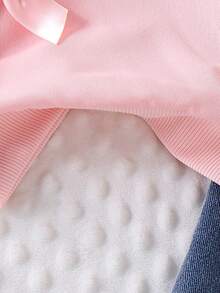 2 件女婴可爱休闲套装 - 粉色蝴蝶结圆领运动衫上衣和粉色蝴蝶结松紧腰牛仔裤套装，春秋 - 粉色 - 查看 4