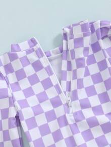 Girls Bikini Beach Swimwear Long Sleeve Checkerboard Print Ruffle Romper Bathing Suit - Morado - Ver 8