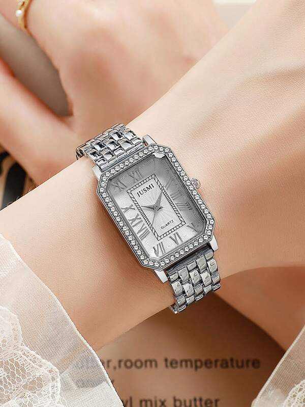 1pc Women's Quartz Watch With Rhinestone Decorated Roman Numeral Dial, Alloy Chain, Suitable For Daily Decoration, School, Gift, Wedding, Office And Other Occasions