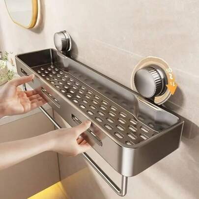 易于安装的吸盘淋浴收纳架 - 重型防锈塑料壁挂式浮动搁板，带坚固粘合剂，节省空间的浴室储物架，用于存放洗发水、肥皂和洗漱用品，无金属管，易于组装，浴室收纳架，洗漱用品架，光滑的搁板，防锈材料，耐用的搁板，搁板，浴室配件，房间装饰