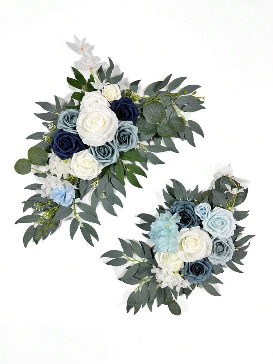 2pcs/Set Artificial Wine Red Wedding Arch Flowers, Wedding Welcome Sign Decor & Blue Wedding Reception Arch Flowers - Multicolor - View 1