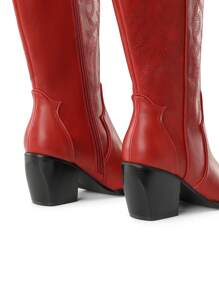 Western Embroidered Knee High Boots For Women, Pull On Zipper Chunky Heel Comfortable Pointed Toe  Wide Calf Cowgirl Cowboy Boots