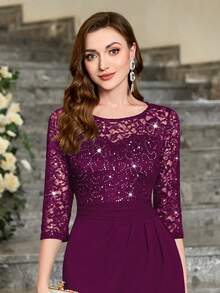 MIUSOL Sequin Floral Lace Round Neck Bodycon Semi-Formal Party Pencil Dress - Maroon - View 9