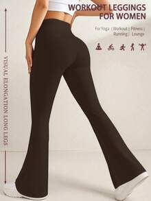 大码女式高腰纯色喇叭裤，运动瑜伽紧身裤，压缩紧身裤，跑步健身裤，女装，女式修身裤，女式夏季长裤 - 棕色 - 查看 4