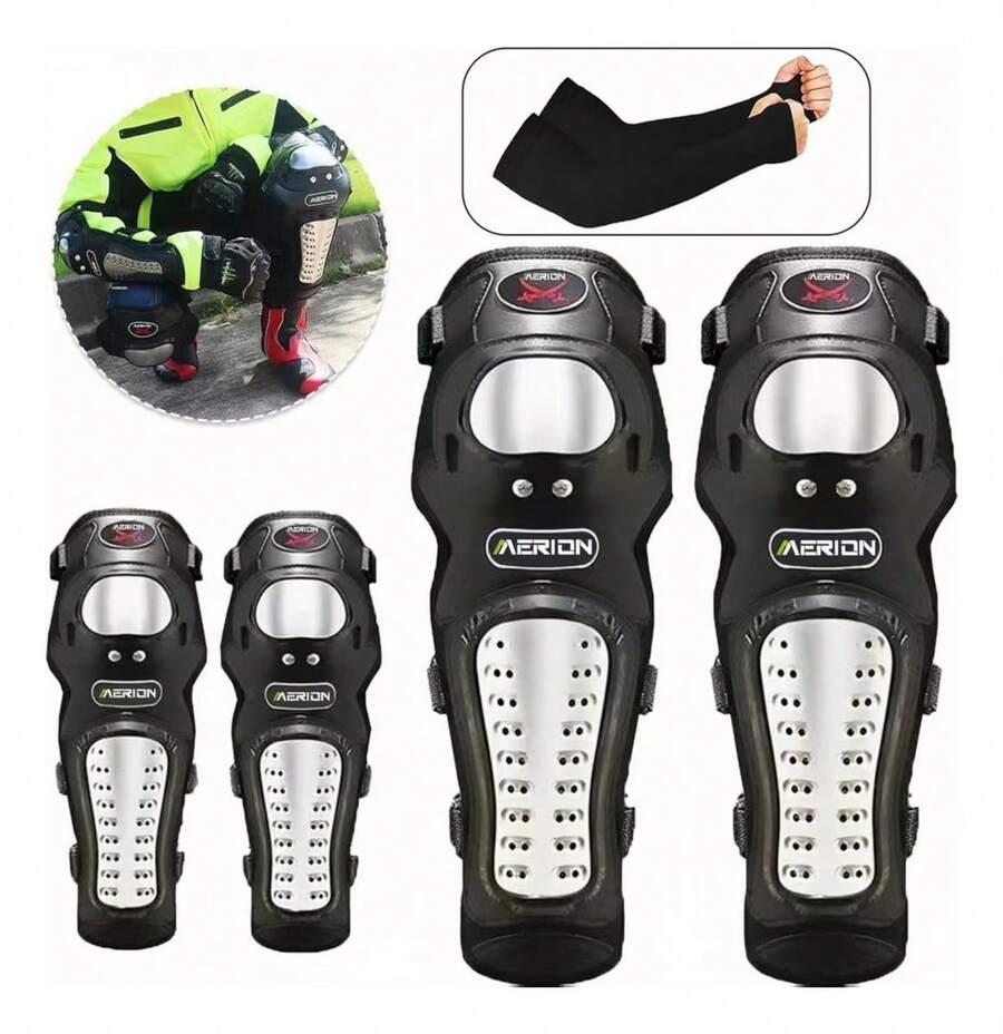 Par De Rodilleras Y Coderas De Moto Con Protección Metálica, Plástico PE de alta protección, amortiguador y resistente al desgaste, diseño ergonómico, adecuado para motocicletas, patinaje, bicicletas, BMX, esquí y rodilleras y coderas - Negro - Ver 1