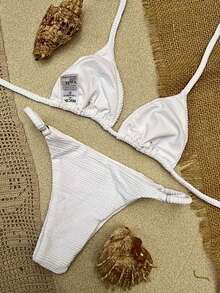 Textured Triangle Bikini Set With Adjustable Padded Panties And Padded Bottoms - White - View 3