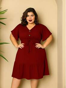 Batwing Dress Plus Size Midi Short Sleeve Duna Fabric Size U/G1 From 44 To 50 With Front Buttons Fashion Elegant Simple Casual Elegant Party Ruffle Hem Buttons On The Front Knot Wedding - 紅木色 - 查看 2