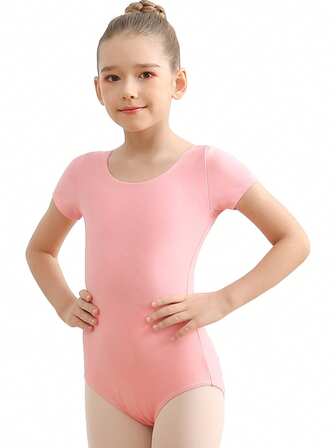 女童经典短袖芭蕾舞紧身衣，基础舞蹈练习服，适合团队演出