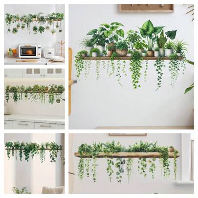 1/5 Fresh Green Plant Vine Wall Stickers, PVC Material, Removable Vine-Like Leaf Stickers, Suitable For Bedroom, Study, Living Room - Mixed Colors, Plant Theme, Rustic Wooden Frame Design, Comfortable Minimalist Interior Decoration, Global Holiday Decoration
